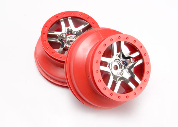 Traxxas Wheels, Sct Split-Spoke, Chrome, Red Beadlock Style, Dua