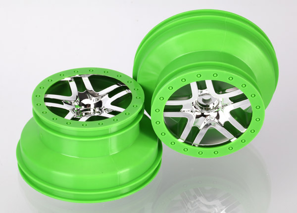 Traxxas Wheels, Sct Split-Spoke, Chrome, Green Beadlock Style, D - Click Image to Close