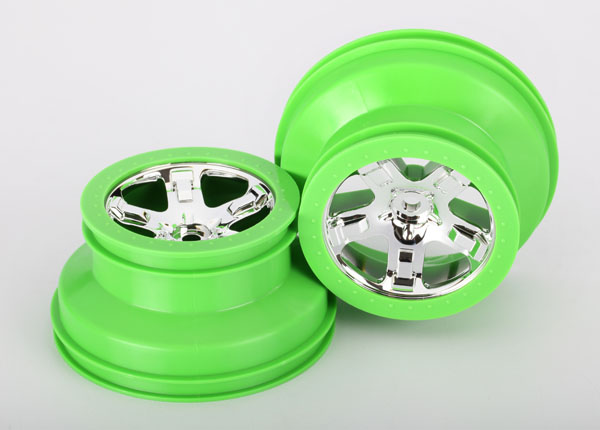 Traxxas Wheels, Sct, Chrome, Green Beadlock Style, Dual Profile - Click Image to Close