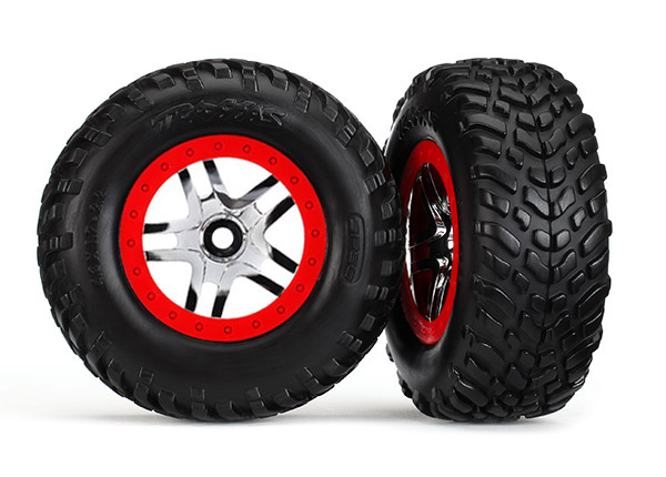 Traxxas Tires & Wheels, Assembled, Glued (S1 Compound) (Sct Split-Spoke Chrome, Red Beadlock Style Wheels, Dual Profile (2.2
