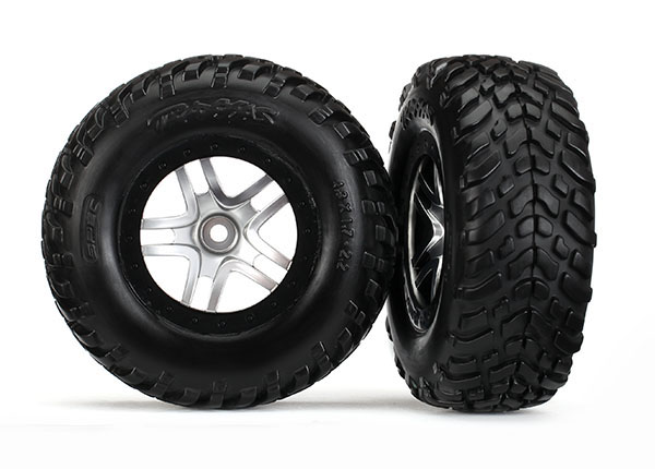 Traxxas Tires & Wheels, Assembled, Glued (S1 Compound) (Sct Split-Spoke Satin Chrome, Black Beadlock Style Wheels, Dual Profile (2.2