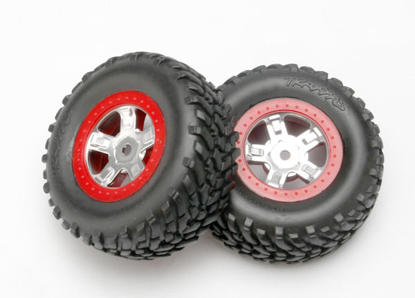 Traxxas SCT Pre-Mounted Tires & Wheels w/Red Beadlock (Satin Chr