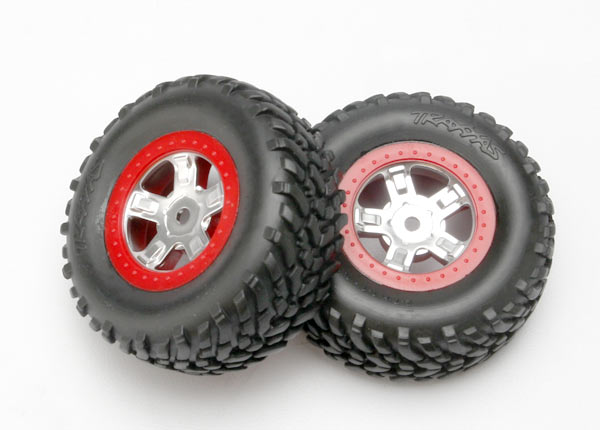 Traxxas SCT Pre-Mounted Tires & Wheels w/Red Beadlock (Satin Chr - Click Image to Close