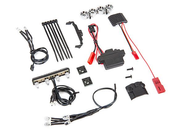 Traxxas LED light kit, 1/16th Summit (power supply, chrome light bar, roof light harness (4 clear, 2 red),chassis harness (4 clear, 2 red),wire ties, mounts)