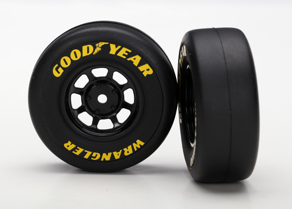 Traxxas Tires and wheels, assembled, glued (8-spoke wheels, black, 1.9 Goodyear Wrangler tires) (2) for 1/16th vehicles