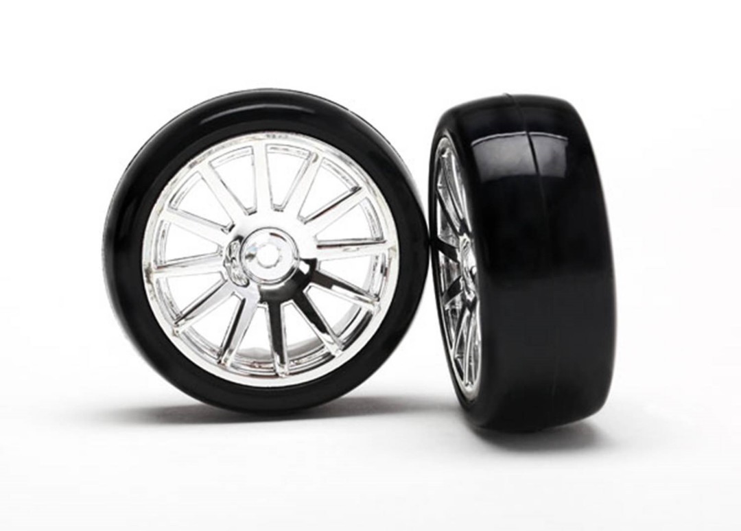 LaTrax Tires & wheels, assembled, glued (12-spoke chrome wheels, slick tires) (2)