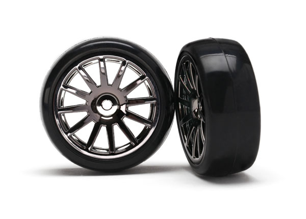 LaTrax Tires & wheels, assembled, glued (12-spoke black chrome wheels, slick tires) (2)