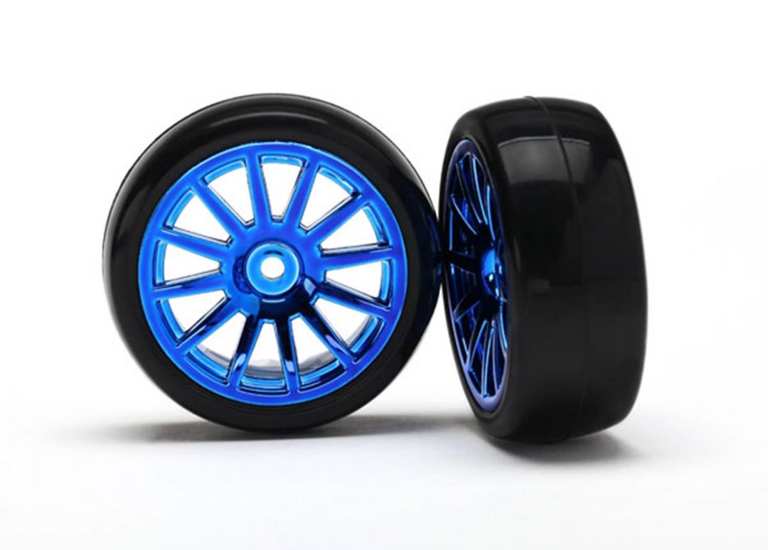 LaTrax Tires & wheels, assembled, glued (12-spoke blue chrome wheels, slick tires) (2)