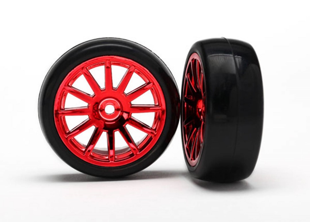 LaTrax Tires & wheels, assembled, glued (12-spoke red chrome wheels, slick tires) (2)
