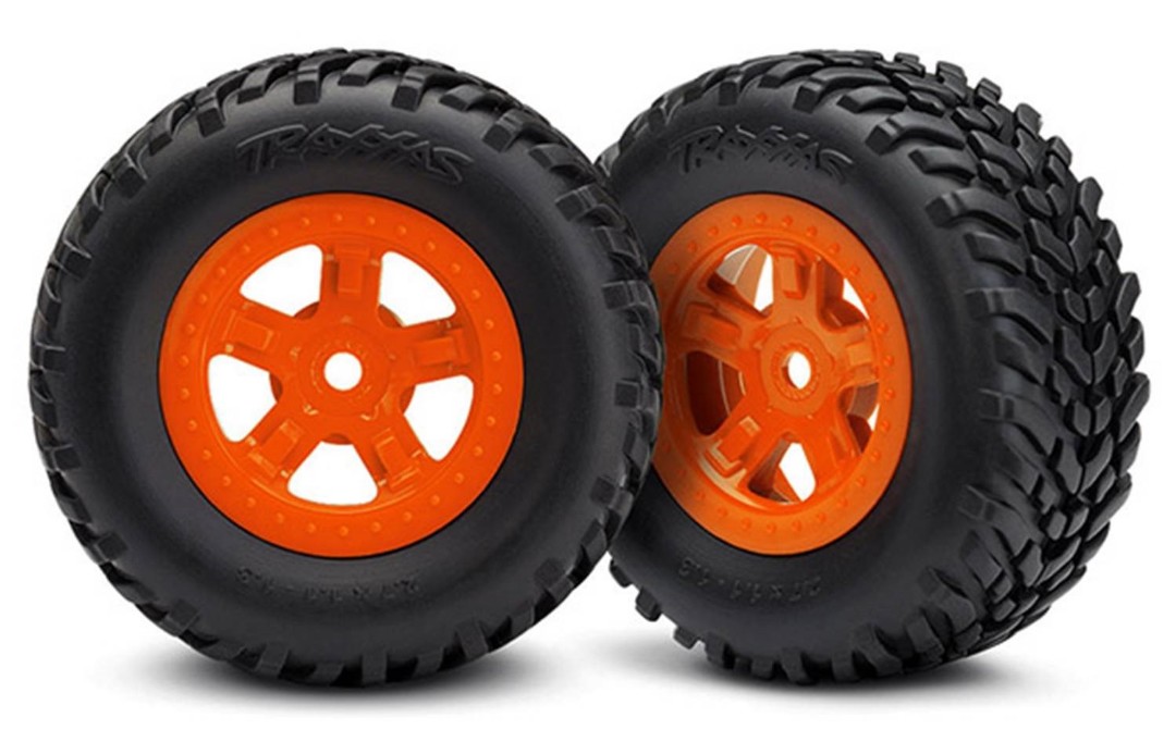 Traxxas Tires and wheels, assembled, glued (SCT orange wheels, SCT off-road racing tires) (1 each, right & left)