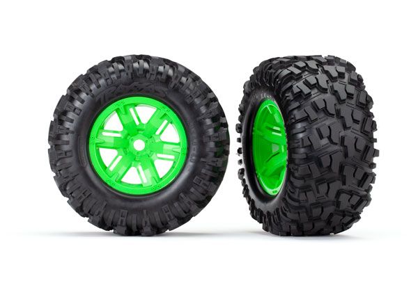 Traxxas Tires & wheels, assembled, glued (X-Maxx green wheels, Maxx AT tires, foam inserts) (left & right) (2) 8S Rated