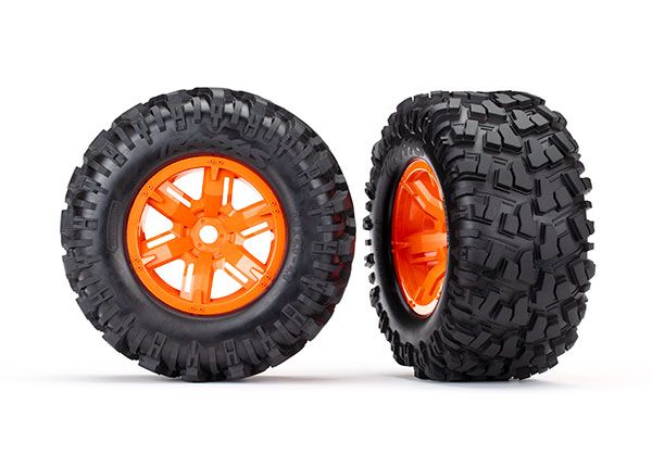 Traxxas Tires & wheels, assembled, glued (X-Maxx orange wheels, Maxx AT tires, foam inserts) (left & right) (2) 8S Rated