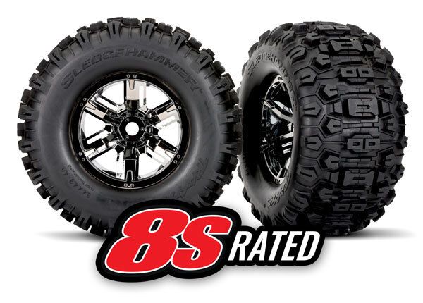 Traxxas Sledgehammer Tires on Black Chrome Wheels for X-Maxx (2) - Click Image to Close