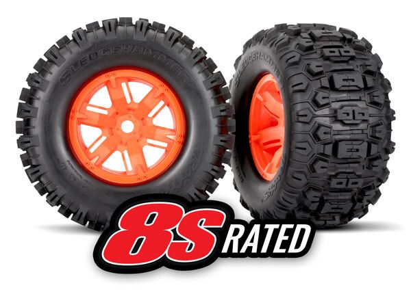 Traxxas Sledgehammer Tires on Orange Wheels for X-Maxx (2) - Click Image to Close