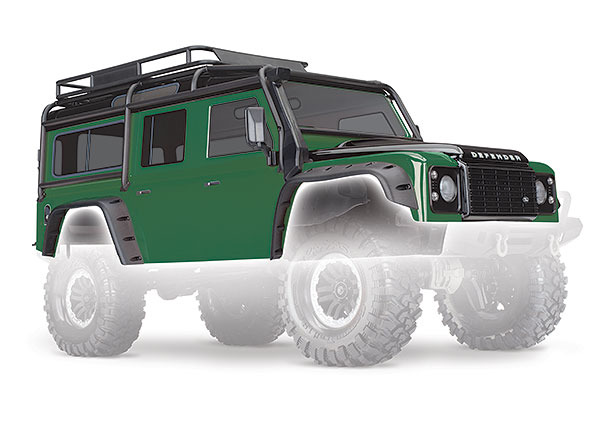 Traxxas Body, Land Rover Defender, green (complete with ExoCage, inner fenders, fuel canisters, and jack)