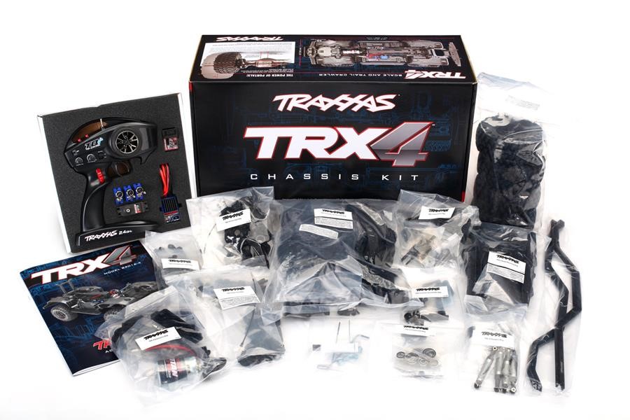 Traxxas TRX-4 Scale and Trail Crawler Chassis Kit: 1/10 Scale 4X4 Trail Truck, Unassembled Kit, Waterproof electronics, with TQi 2.4GHz 4-channel Radio System, XL-5 HV Speed Control, Hi/Low Transmission, and Remote Locking Differentials. Requires: Body, Battery, and Charger.