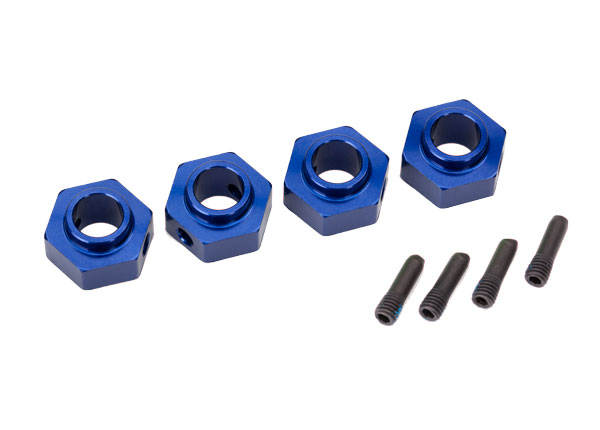 Traxxas Traxxas Wheel hubs, 12mm hex, 6061-T6 aluminum (blue-anodized) (4)/ screw pin (4)