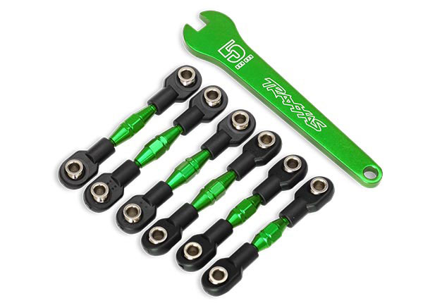 Traxxas Turnbuckles, aluminum (green-anodized),camber links, 32mm (front) (2)/ camber links, 28mm (rear) (2)/ toe links, 34mm (2)/ aluminum wrench