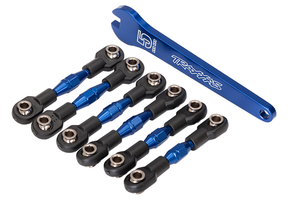 Traxxas Turnbuckles, aluminum (blue-anodized),camber links, 32mm (front) (2)/ camber links, 28mm (rear) (2)/ toe links, 34mm (2)/ aluminum wrench