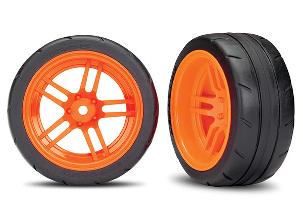 Traxxas Tires And Wheels, Assembled, Glued (Split-Spoke Orange Wheels, 1.9