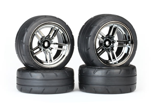 Traxxas Tires and wheels, assembled, glued (split-spoke black ch - Click Image to Close