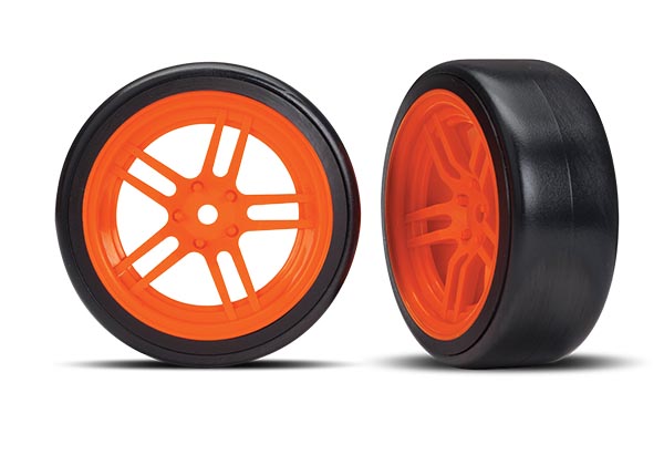 Traxxas Tires and wheels, assembled, glued (split-spoke orange w - Click Image to Close