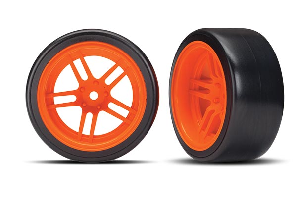 Traxxas Tires and wheels, assembled, glued (split-spoke orange w - Click Image to Close