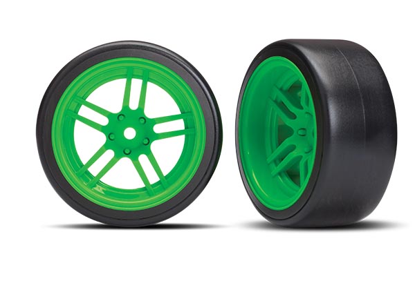 Traxxas Tires and wheels, assembled, glued (split-spoke green wheels, 1.9