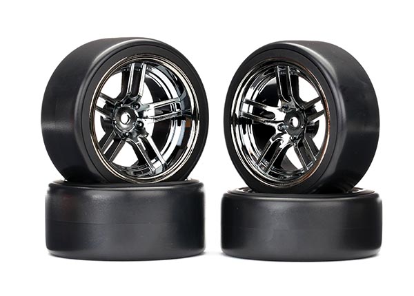Traxxas Tires and wheels, assembled, glued (split-spoke black chrome wheels, 1.9