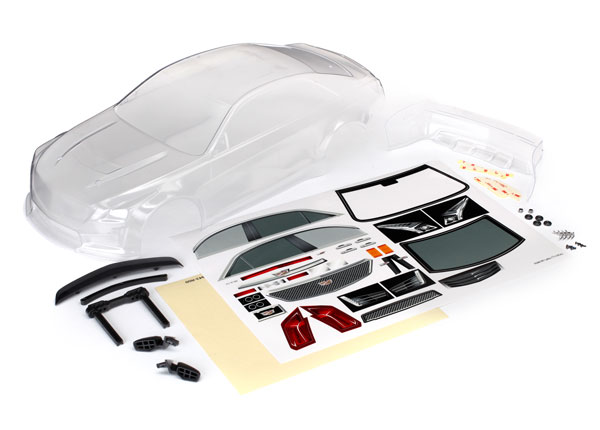 Traxxas Body, Cadillac CTS-V (clear, requires painting)/ decal sheet (includes side mirrors, spoiler, & mounting hardware)