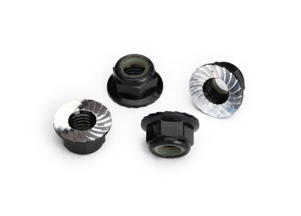 Traxxas Nuts, 5mm flanged nylon locking (aluminum, black-anodized, serrated) (4)