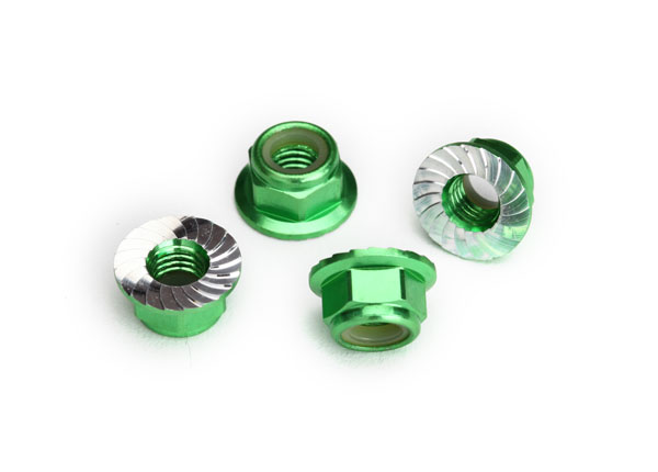 Traxxas Nuts, 5mm flanged nylon locking (aluminum, green-anodized, serrated) (4)
