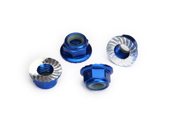 Traxxas Nuts, 5mm flanged nylon locking (aluminum, blue-anodized, serrated) (4)