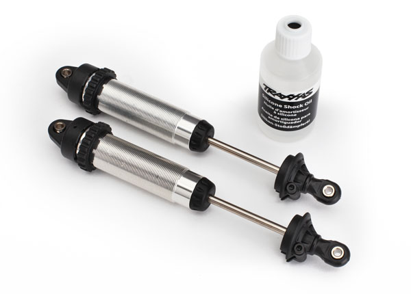 Traxxas Shocks, GTR, 134mm, silver aluminum (complete w/ spring pre-load spacers) (front, threaded) (2)