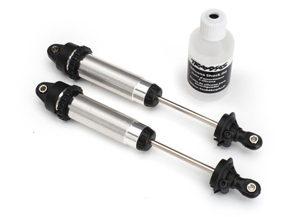 Traxxas Shocks, GTR, 139mm, silver aluminum (complete w/ spring pre-load spacers) (rear, threaded) (2)
