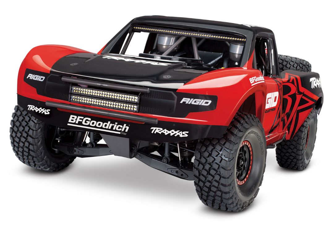 Traxxas Unlimited Desert Racer: Pro-Scale 4WD race truck. Ready-To-Race with Traxxas Stability Management, TQi 2.4GHz radio system, VXL-6s brushless power system, factory-installed LED Lighting, and licensed race replica painted body. - Rigid
