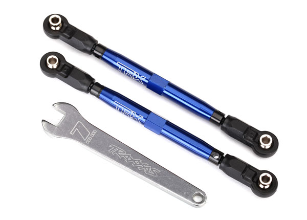 Traxxas Toe links, front, Unlimited Desert Racer (TUBES blue-anodized, 7075-T6 aluminum, stronger than titanium) (102mm) (2) (assembled with rod ends and hollow balls)/ aluminum wrench, 7mm (1)