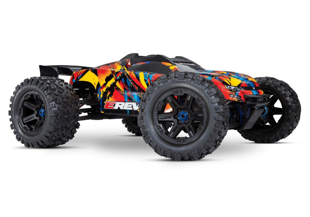 Traxxas E-Revo 2 VXL Brushless: 1/10 Scale 4WD Brushless Electric Monster Truck with TQi 2.4GHz Traxxas Link Enabled Radio System, Velineon VXL-6s brushless ESC (fwd/rev),and Traxxas Stability Management (TSM) - Solar Flare