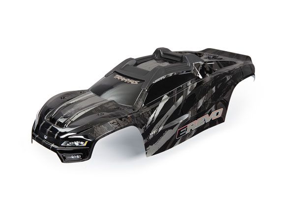 Traxxas Body, E-Revo, Black/ window, grill, lights decal sheet (assembled with front & rear body mounts and rear body support for clipless mounting)
