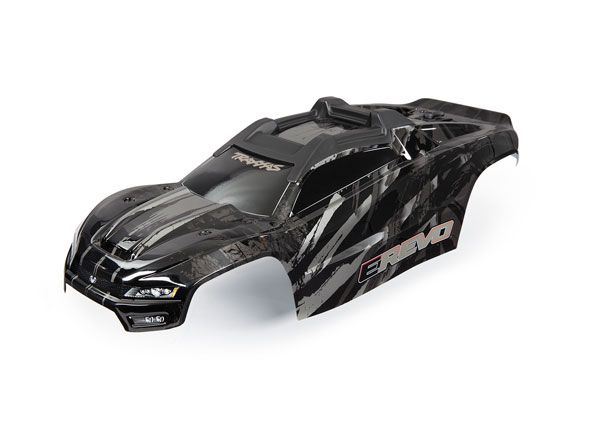 Traxxas Body, E-Revo, Black/ window, grill, lights decal sheet