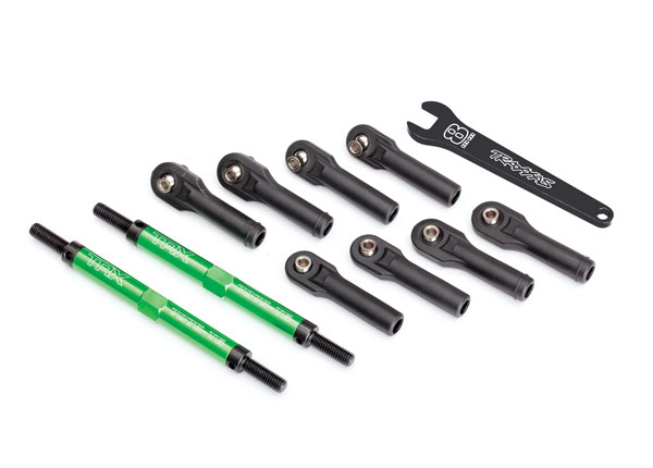 Traxxas Toe links, E-Revo VXL (TUBES green-anodized, 7075-T6 aluminum, stronger than titanium) (144mm) (2)/ rod ends, assembled with steel hollow balls (8)/ aluminum wrench, 10mm (1)