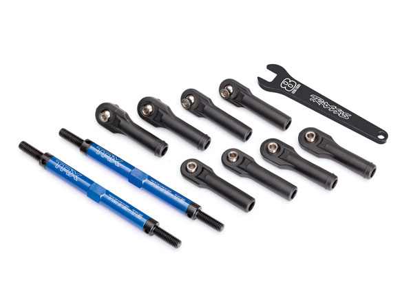 Traxxas Toe links, E-Revo VXL (TUBES blue-anodized, 7075-T6 aluminum, stronger than titanium) (144mm) (2)/ rod ends, assembled with steel hollow balls (8)/ aluminum wrench, 10mm (1)