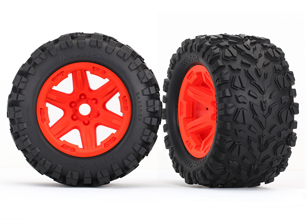 Traxxas Tires & wheels, assembled, glued (orange Carbide wheels, - Click Image to Close