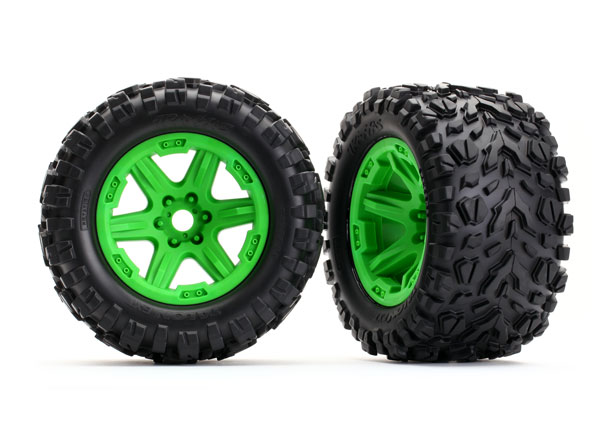 Traxxas Tires & wheels, assembled, glued (green Carbide wheels, - Click Image to Close