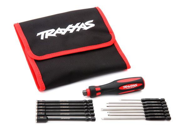 Traxxas Speed Bit Master Set, hex and nut driver, 13-piece, includes premium handle (medium),travel pouch, hex drivers (straight: 1.5mm, 2.0mm, 2.5mm, 3.0mm),(ball-end: 2.0mm, 2.5mm, 3.0mm),and nut drivers (4.00mm, 4.50mm, 5.00mm, 5.50mm, 7.00mm, 8.00mm),1/4