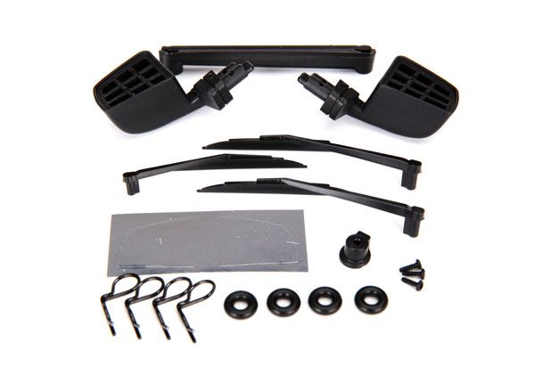 Traxxas Mirrors, side, black (left & right)/ o-rings (4)/ windshield wipers, left, right, & rear/ wiper retainers (2)/ body clips (4)/ 1.6x5 BCS (self-tapping) (3)