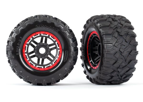 Traxxas Tires & wheels, assembled, glued (black, red beadlock - Click Image to Close