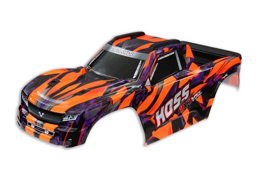 Traxxas Body, Hoss 4X4 VXL, orange/ window, grille, lights decal - Click Image to Close
