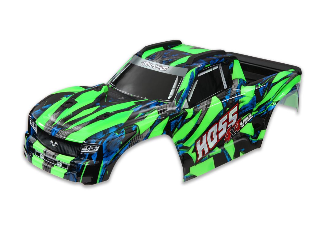 Traxxas Body, Hoss 4X4 VXL, green/ window, grille, lights decal - Click Image to Close