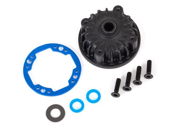 Traxxas Housing, center differential/ x-ring gaskets (2)/ 5x10x0.5 PTFE-coated washer (1)/ 2.5x8 CCS (4)